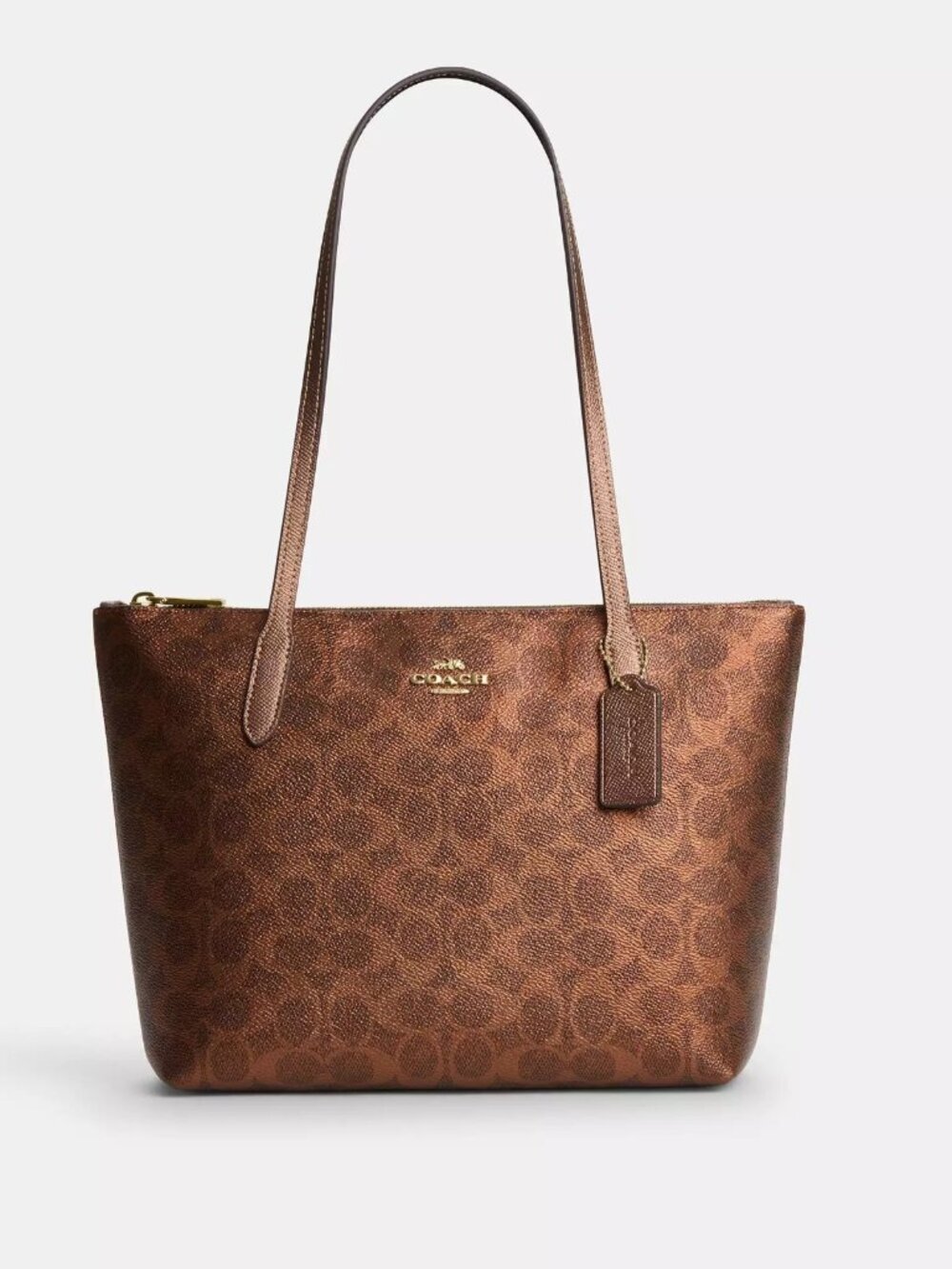 COACH Fiona Zip Tote Bag Signature Canvas Brown Copper Gold NWOT CW396